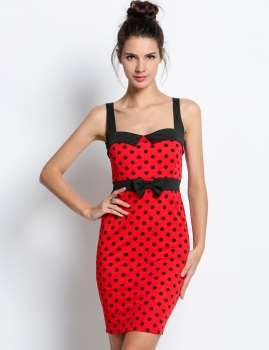

Red Polka Dots Sleeveless Pencil Stretchy Strap Going Out Dress, Multicolor