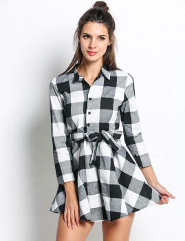 

Plaid Check Belt Lapel 3"4 Sleeve Button Casual Skater Dress, Multicolor