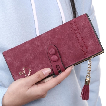 

Long Trifold Tassel Card Holder Purse, Wine red