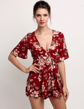 

Short Sleeve Floral High Waist Back Zipper Rompers, Multicolor