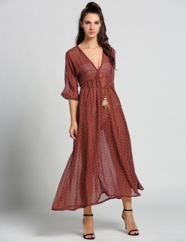

Beachwear Retro Women Floral Plunging V-neck 3"4 Sleeve Long Chiffon Dress, Multicolor
