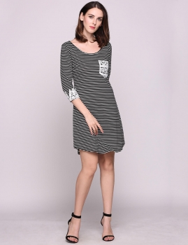 

Black Lace Patchwork 3"4 Sleeve Crew Collar Stripes Tunic Casual Dress, Multicolor