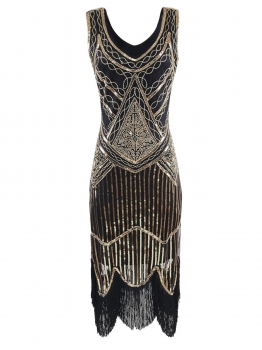

Gold 1920s Style Sleeveless Sequins Fringe Trim Flapper Dresses, Multicolor