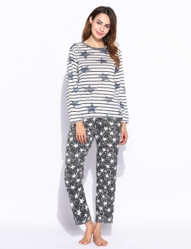 

Blue & White Long Sleeve Striped Top Elastic Waist Star Print Pants Pajamas Set, Multicolor