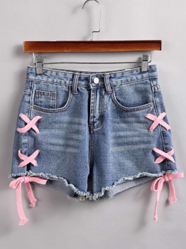 

Blue Lace Up Side Frayed Hem Denim Shorts, Multicolor