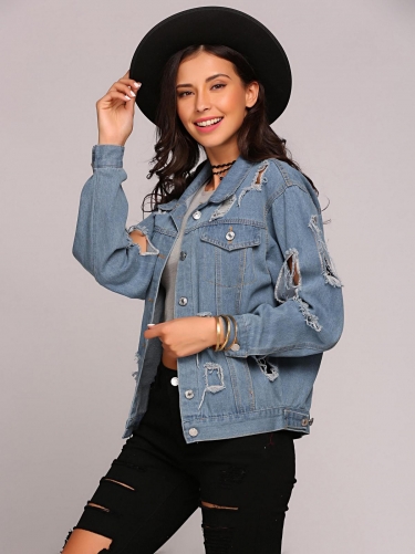 women fashion long sleeve ripped distressed button down denim