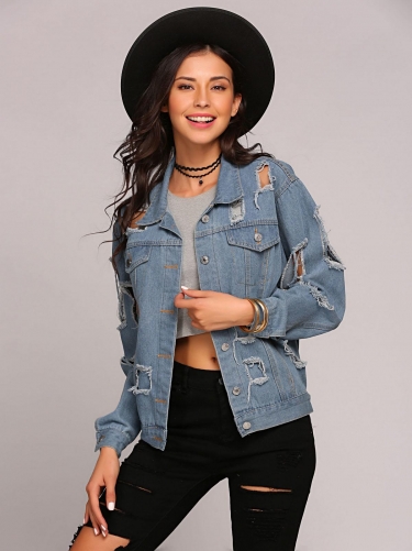 women fashion long sleeve ripped distressed button down denim