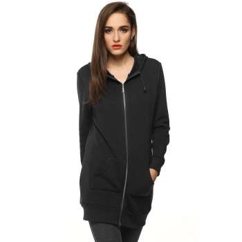 

Black Long Sleeve Hooded Zipper Hoodies With Fleece, Multicolor