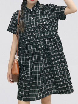 

Short Sleeve Plaid Turn Down Collar Shirt Dress with Pockets, Black