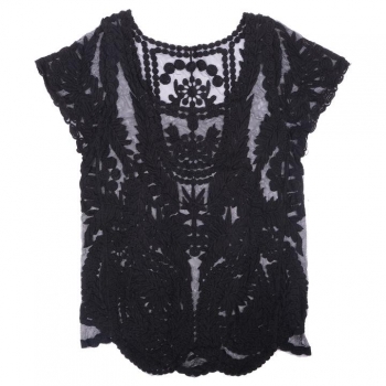 

Summer Hollow-Out Embroidered Floral Lace Crochet Short Sleeve Top, Multicolor