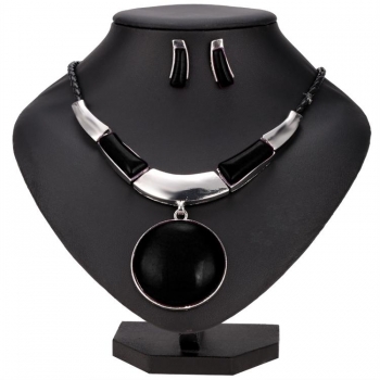 

New Fashion Women Round Silver Plated Pendant Faux Leather Rope Necklace Earrings Jewelry Sets, Multicolor