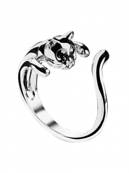 

Girls Lovely Gift Silver Cute Cat Openings Ring With Black Rhinestone Eyes