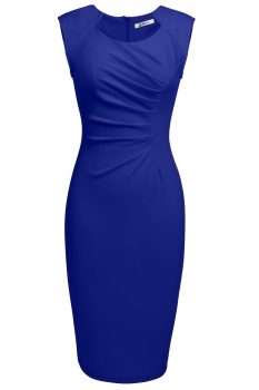 

Blue Cap Sleeve Elegant Pleated Solid Work Dress, Multicolor