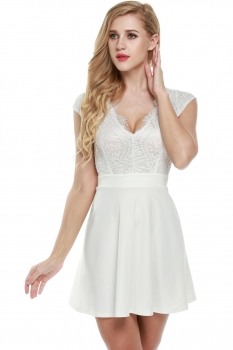 

White V-Neck Cap Sleeve Crochet Lace Backless Going Out Dress, Multicolor