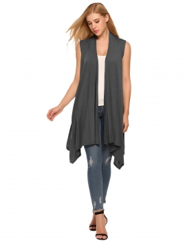 

Gray Sleeveless Asymetric Hem Open Front Solid Coat, Multicolor