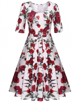 

Red V-Neck Pleated Dress Medium Sleeve Print Swing Hem Casual Dress, Multicolor