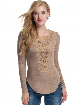 

Khaki Lace Decor Front Long Sleeve O-Neck Slim Fit T-Shirts, Multicolor