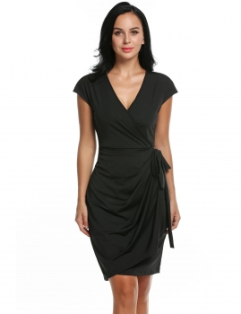 

Zeagoo Black Women's Classic Cap Sleeve V-Neck Draped Tie-Belt Cocktail Wrap Party Dresses, Multicolor