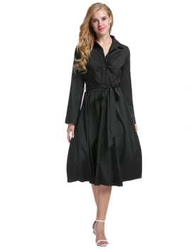 

Black 1950s Turn Down Collar Shirt Long Sleeve Belt Swing Casual Dress, Multicolor