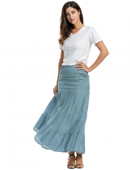 

Meaneor Blue Women Casual Elastic Waist Lace Trim Boho Solid Long Maxi Tiered Skirts, Multicolor