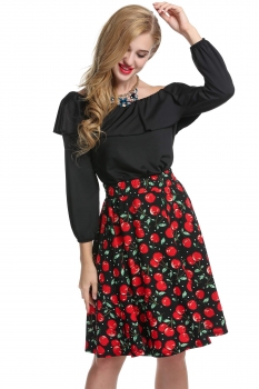

Red Off the Shoulder Ruffles Long Sleeve Tops Print Pleated Skater Skirt Set, Multicolor