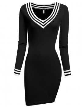 

Black V-neck Long Sleeve Bodycon Knitting Package Hip Going Out Dress, Multicolor
