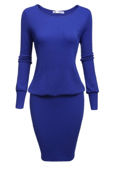 

Blue O-Neck Long Sleeve Solid Packahe Hip Going Out Dress, Multicolor