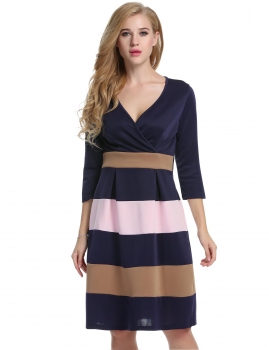 

Navy Blue and Pink Sexy V-Neck 3"4 Sleeve Striped A-Line Casual Dress, Multicolor