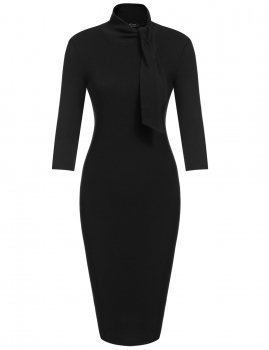 

Black Bow Turtleneck 3"4 Sleeve Bodycon Pencil Dress, Multicolor