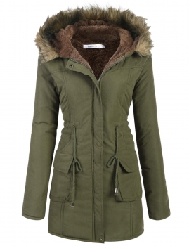 

Hooded Warm Winter Drawstring Waist Coat Fleece Lined Parka, Multicolor