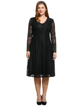 

Women V-Neck Button Long Sleeve Evening Party Lace Pleated Midi Dress Plus Size, Multicolor