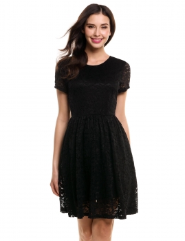 

Black Short Sleeve Floral Lace Party Cocktail Pleated Dress, Multicolor