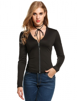 

Black Women Deep V-Neck Long Sleeve Solid Zip-up Short Coats & Jackets, Multicolor