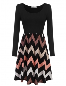 

Black and Pink Long Sleeve Wave Striped Slim Pleated Casual Dress, Multicolor