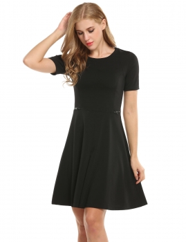 

Black New Women O-Neck Divider Styles Solid Short Sleeve Casual Dresses, Multicolor