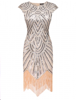 

Women Art Deco Tassel 1920s Style Party Wedding Slim gatsby O Neck Flapper Dress, Multicolor