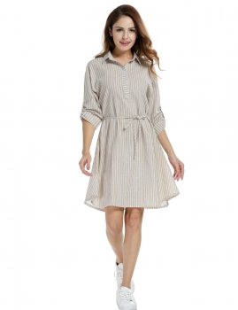 

Meaneor Khaki Women Striped Long Roll Up Sleeve Belted A-Line Shirt Casual Dresses, Multicolor