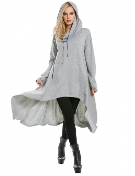 

Gray Drawstring Hooded Cloak Cape Asymmetrical Hem Hoodie, Multicolor