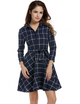 

Navy blue Lapel 3"4 Sleeve Plaid Belted Casual Swing Shirt Casual Dress, Multicolor