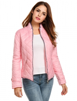 

Pink Long Sleeve Stand Collar Contrast Color Parka Coat, Multicolor