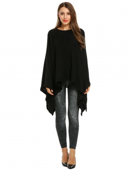 

Black O-Neck Batwing Sleeve Solid Cloak Pullover Knit Sweater, Multicolor