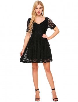 

Black Vintage Style Short Sleeve Lace Skater Dress, Multicolor