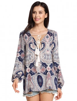 

Blue Vintage Floral Print Loose Lantern Sleeve V Neck Long Tunic, Multicolor