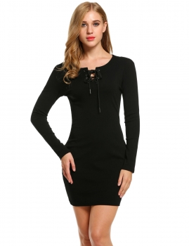 

Black Women Fashion Slim Long Sleeve Solid Lace-up Pencil Short Going Out Dresses, Multicolor