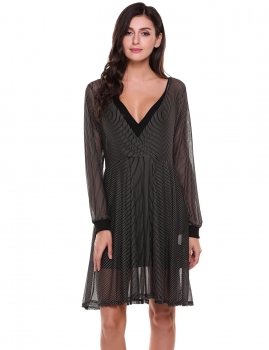 

Black Crossover V-Neck Long Sleeve Fit and Flare See-through Striped Mesh Dress, Multicolor