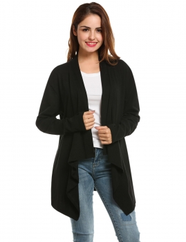 

Black Collarless Long Sleeve Solid Asymmetrical Hem Cardigan, Multicolor