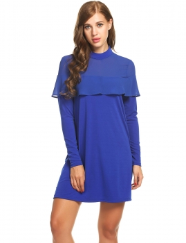 

New Women Casual Stand Collar Long Sleeve Chiffon Patchwork Dress, Multicolor