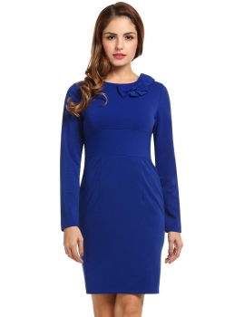 

Blue New Women O-Neck Long Sleeve Bow Solid Casual Dresses, Multicolor