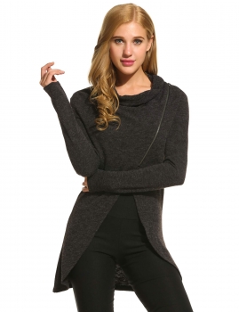 

Zeagoo Black Women Cowl Collar Long Sleeve Asymmetrical Hem Knitted Zip Front Sweaters & Cardigans, Multicolor