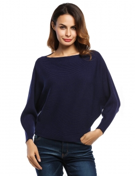 

Blue Slash Neck Batwing Sleeves Loose Knitted Ribbed Sweater, Multicolor